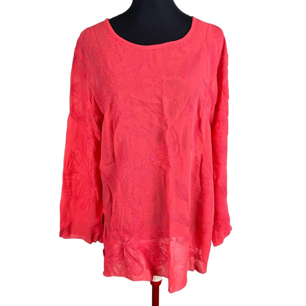 Chicos Womens 2 US 12 Coral Flowy Embroidered Sheer Long Sleeve Lightweight Top